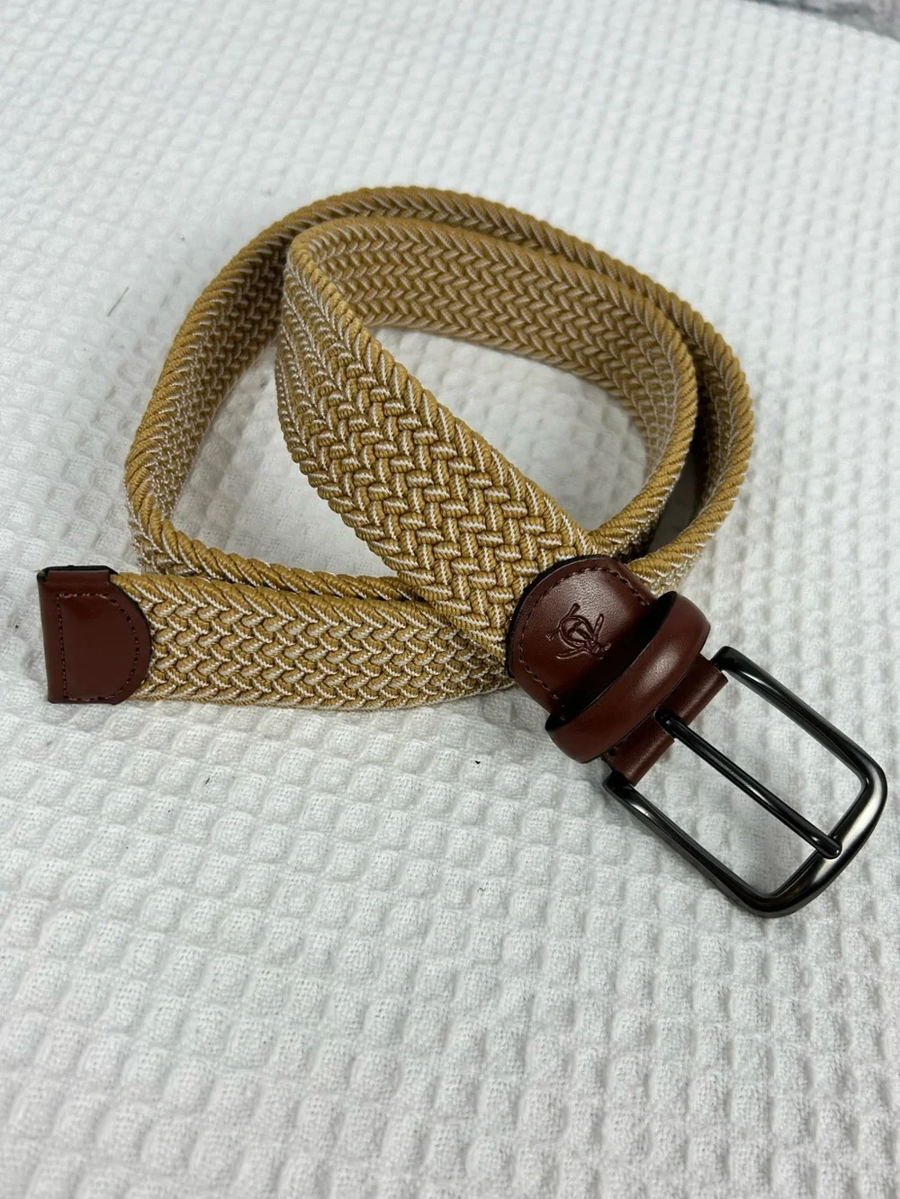 Penguin Stretch Woven Braided Belt Tan Brown Leather Trim Gunmetal Buckle M 34-3